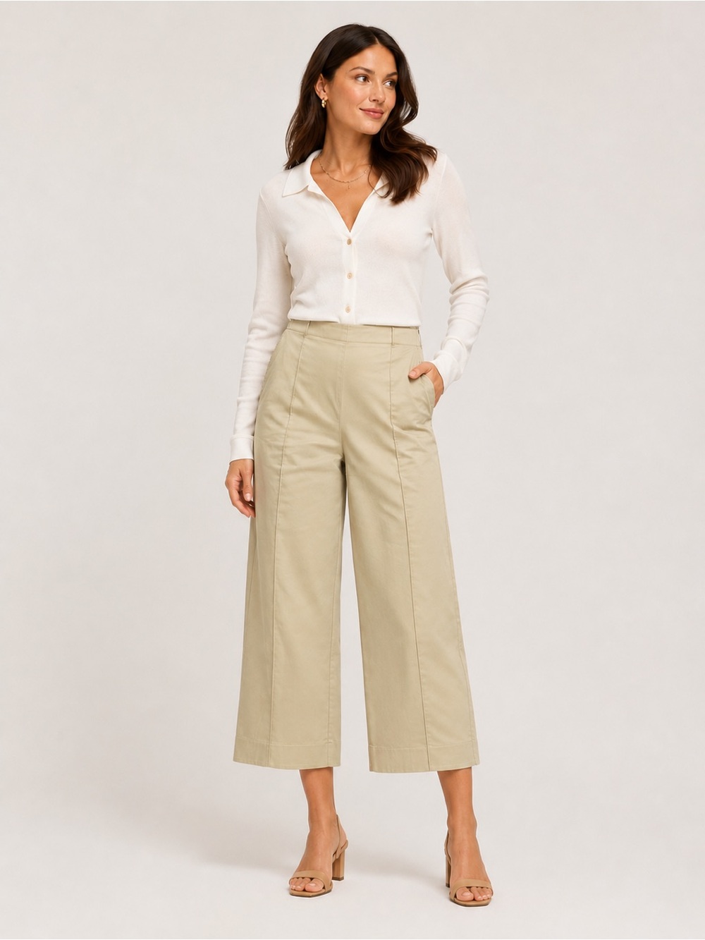 St. John Wide Leg Cotton Blend Khaki Pants Trousers Size 8